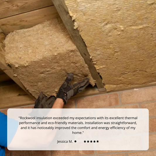 Person installing rockwool insulation with a positive review overlay.