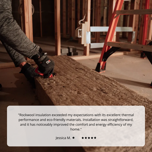 Wearing gloves, a person installs ROCKWOOL COMFORT BATT R30 7-1/4 in. X 23 in. X 47 in (30.03 SQFT) by Rockwool in a renovated room with exposed framing and a red ladder, while a testimonial praises its excellent thermal efficiency below.