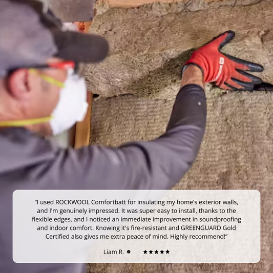 A person in gloves and a mask installs ROCKWOOL COMFORTBATT R30 (7-1/4 in. x 15-1/4 in. x 47 in., 29.86 SQFT) insulation into exterior wall cavities, as a customer testimonial below praises Rockwool’s quality and safety.