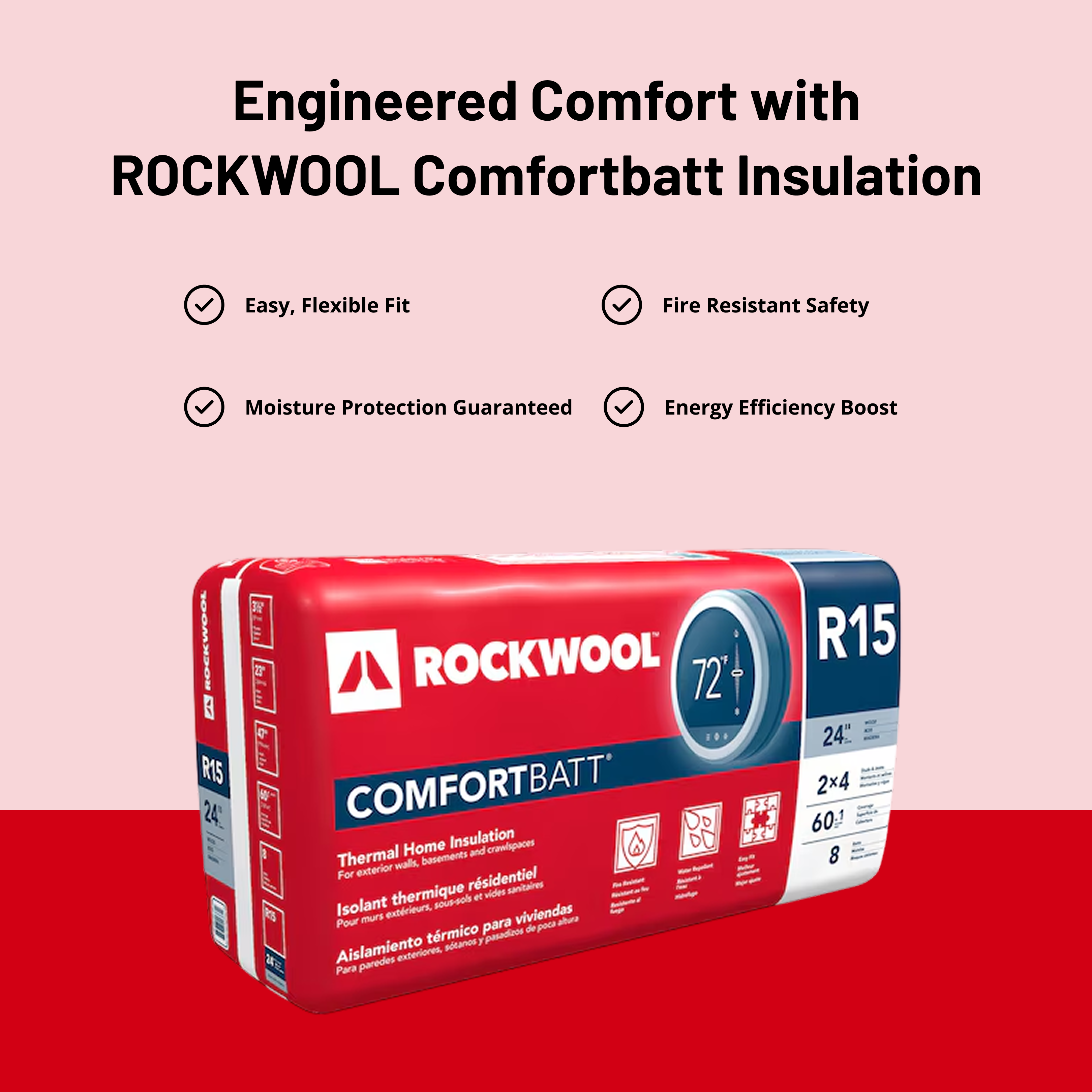 A red and white package of ROCKWOOL COMFORTBATT R15 3.5 in. x 23 in. x 47 in. (60.06 sq ft) by Rockwool is shown, with icons highlighting easy fit, fire resistance, moisture protection, and energy efficiency.