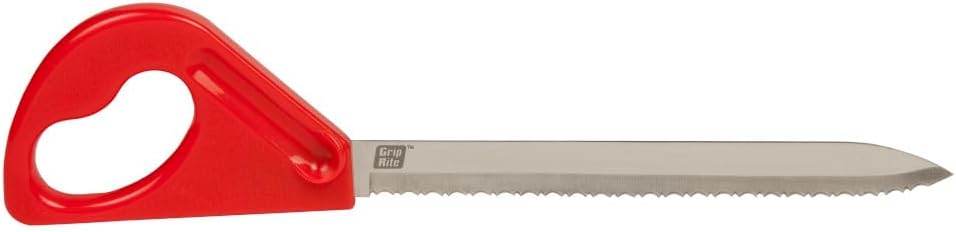 The Grip-Rite Stone Wool Insulation Knife by Grip-Rite features a long serrated stainless steel blade and a large red plastic handle with a heart-shaped cutout, designed for reliable stone wool insulation cutting.