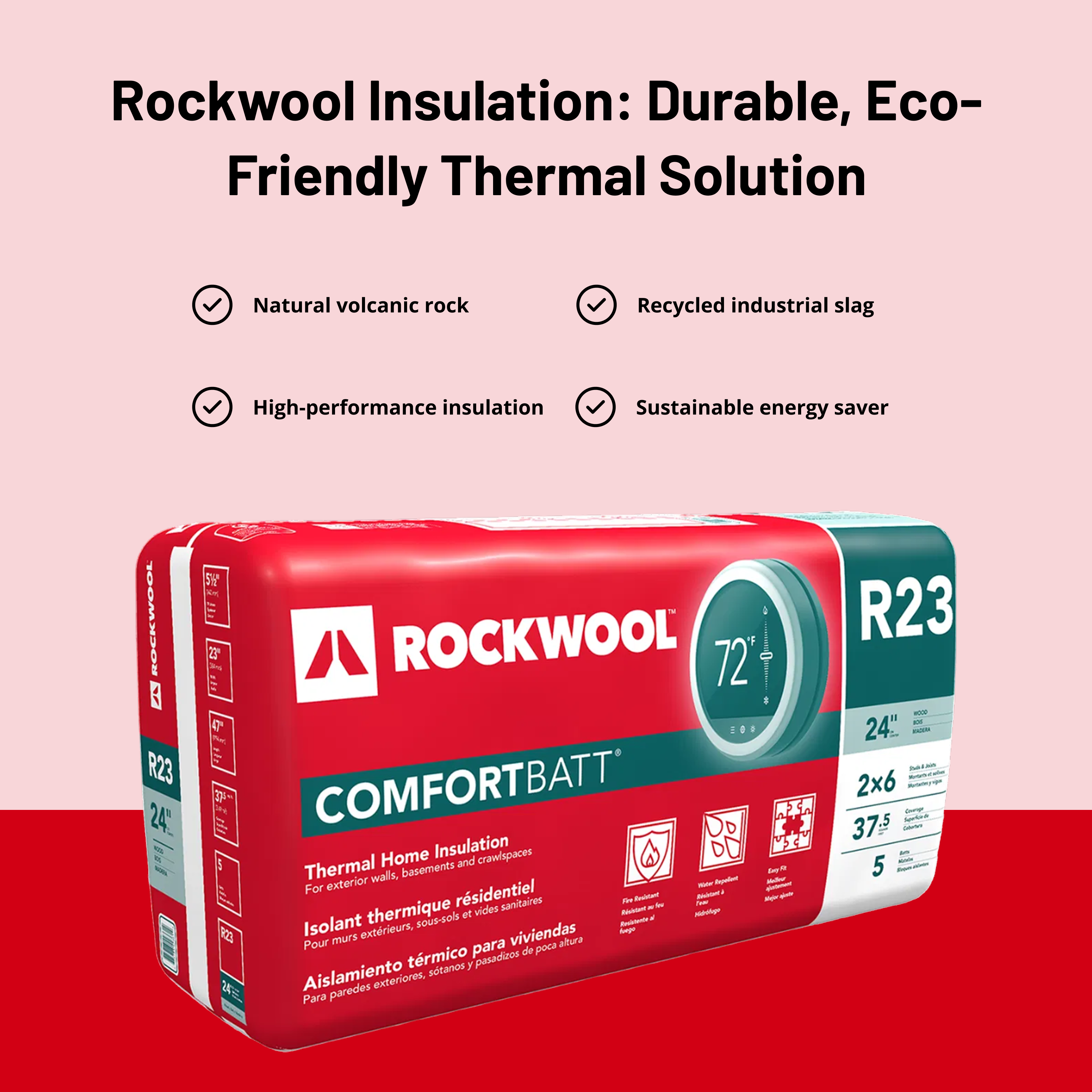 Shown against a red background, the ROCKWOOL RXCB5523 COMFORTBATT R23 (5.5"x23"x47", 37.53 sq ft) highlights its mineral fiber insulation made from natural basalt rock and recycled slag for high performance and sustainable energy savings.