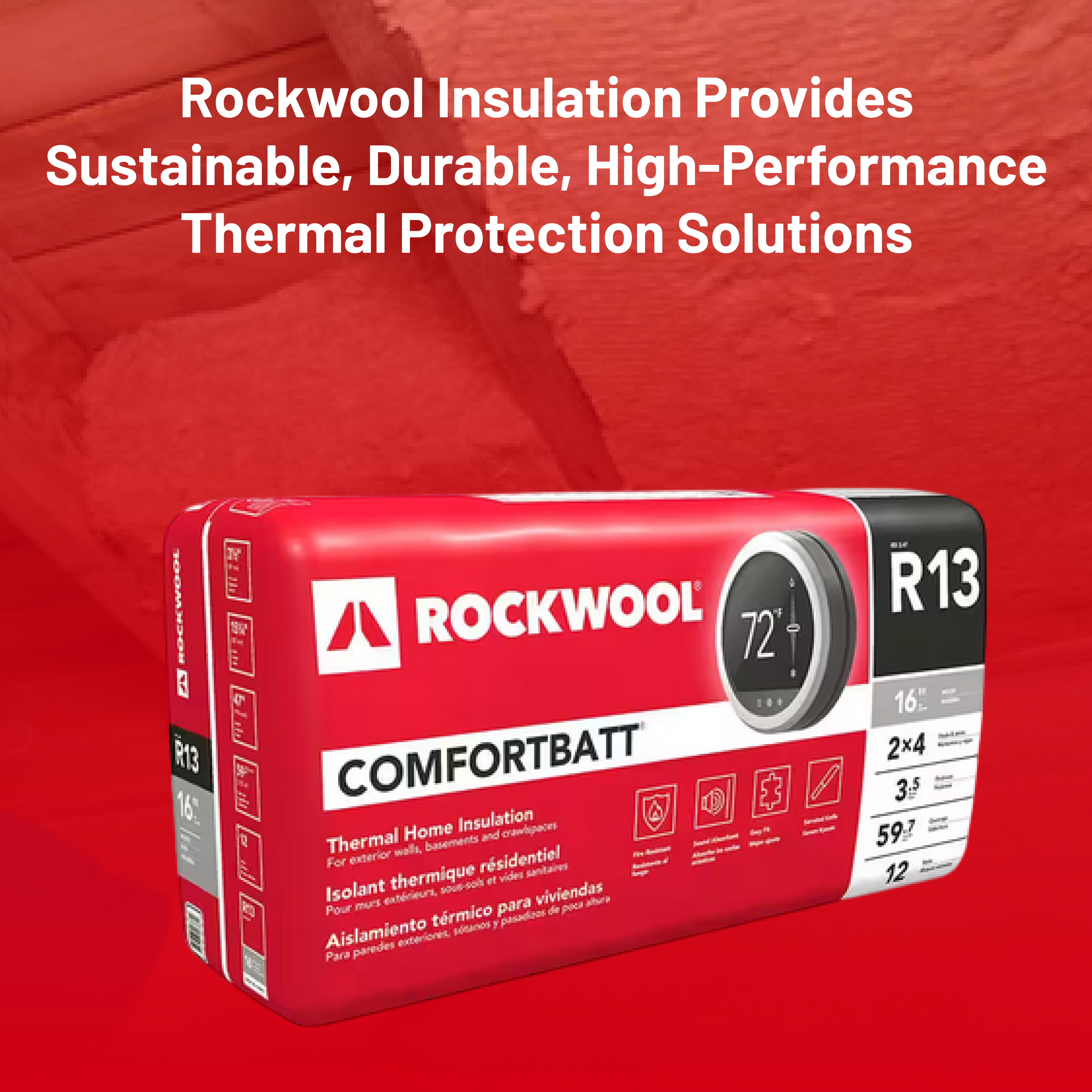 Rockwool Comfortbatt insulation package on a red background with text about insulation solutions.