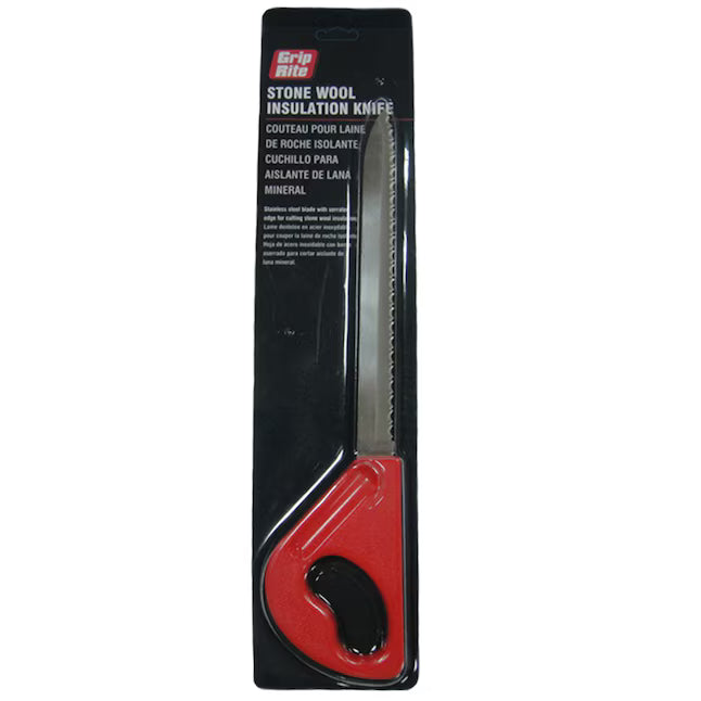 The Grip-Rite Stone Wool Insulation Knife, featuring a red and black handle and a long serrated blade, is shown against a black background—a must-have tool from Grip-Rite for precise insulation cutting.