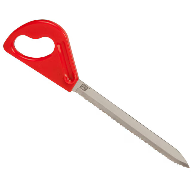 The Grip-Rite Stone Wool Insulation Knife by Grip-Rite features a long, serrated silver blade and a large red ergonomic handle with a heart-shaped opening—perfect for cutting rockwool or insulation materials.